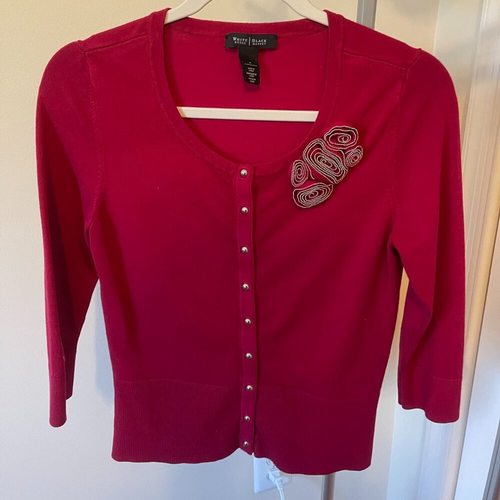 WHBM (White House Black Market) Rosette Applique Cardigan, Size S